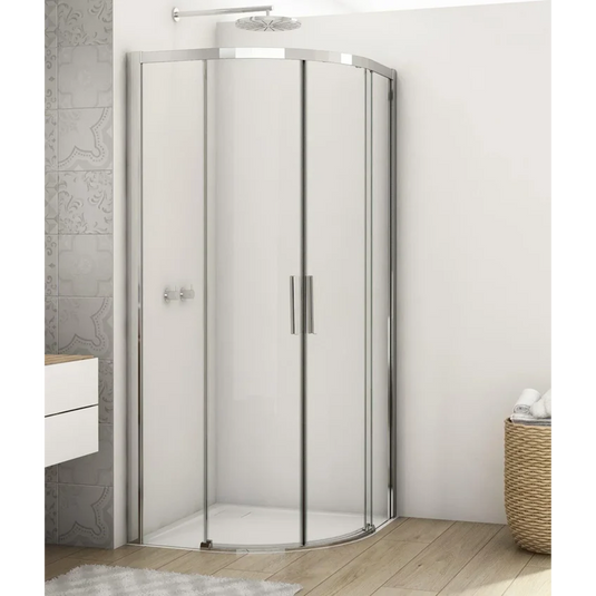 Quadrant shower enclosure with double sliding glass doors in modern bathroom setting