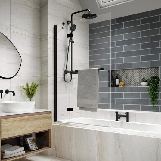 Kudos Inspire 2 Panel 6mm Out-Swing Bath Screen & Towel Rail Matt Black 950mm LH - Envy Bathrooms Ltd