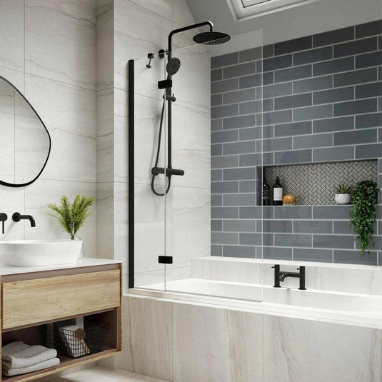 Kudos Inspire 2 Panel 8mm Out-Swing Bath Screen Matt Black 950mm LH - Envy Bathrooms Ltd