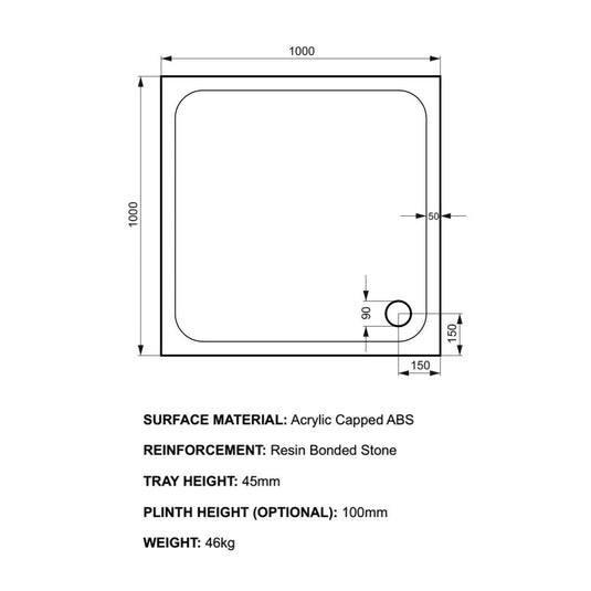 Kudos Kstone 1000 x 1000mm Anti-slip Square Shower Tray - White - Envy Bathrooms Ltd