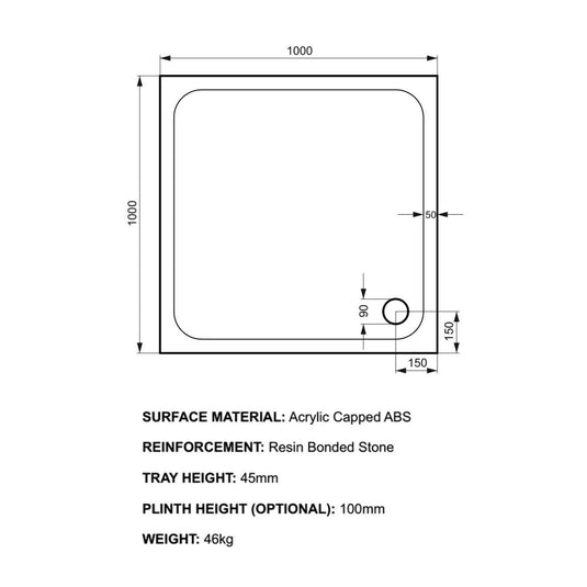 Kudos Kstone 1000 x 1000mm Anti-slip Square Shower Tray - White - Envy Bathrooms Ltd
