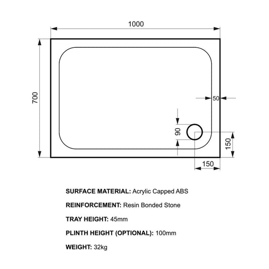 Kudos Kstone 1000 x 700mm Anti-slip Rectangle Shower Tray - White - Envy Bathrooms Ltd