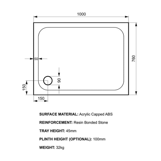 Kudos Kstone 1000 x 760mm Anti-slip Rectangle Shower Tray - White - Envy Bathrooms Ltd