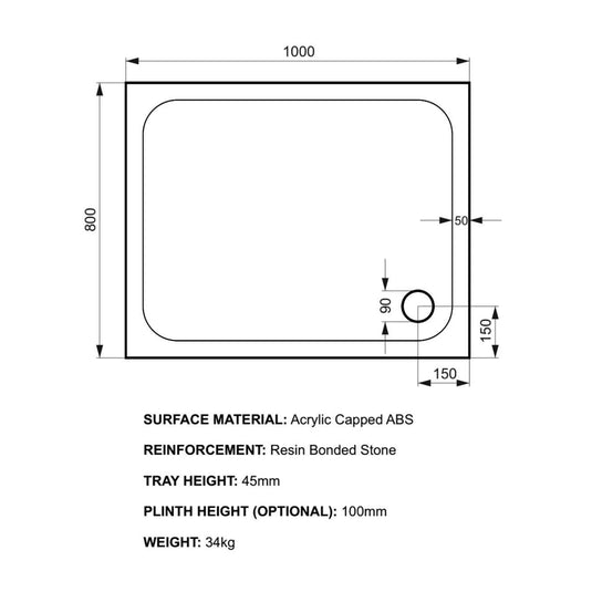 Kudos Kstone 1000 x 800mm Anti-slip Rectangle Shower Tray - White - Envy Bathrooms Ltd