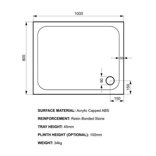 Kudos Kstone 1000 x 800mm Rectangular Shower Tray - Envy Bathrooms Ltd