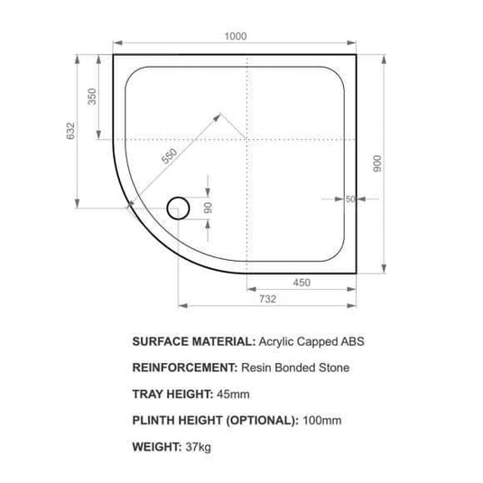 Kudos Kstone 1000 x 900mm Offset Quadrant Shower Tray (RH) - White - Envy Bathrooms Ltd