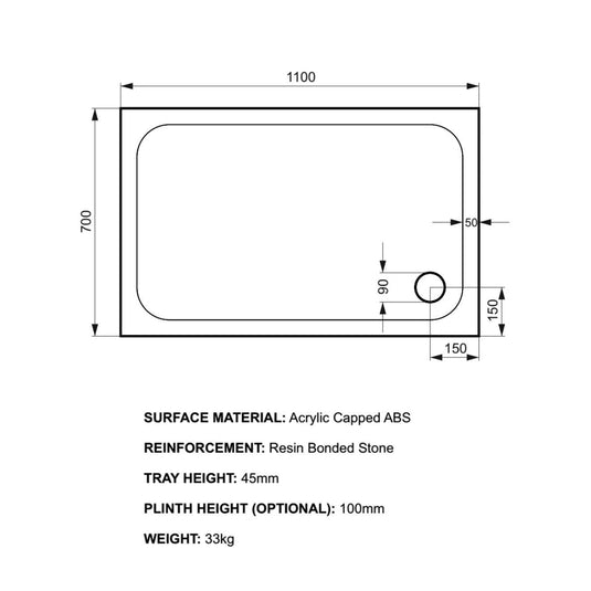 Kudos Kstone 1100 x 700mm Anti-slip Rectangle Shower Tray - White - Envy Bathrooms Ltd