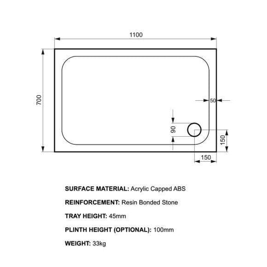 Kudos Kstone 1100 x 700mm Rectangular Shower Tray - Envy Bathrooms Ltd