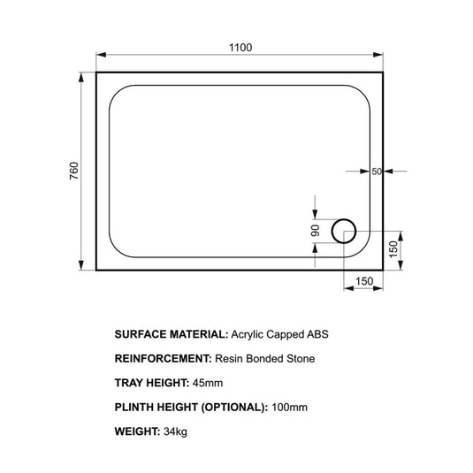 Kudos Kstone 1100 x 760mm Anti-slip Rectangle Shower Tray - White - Envy Bathrooms Ltd