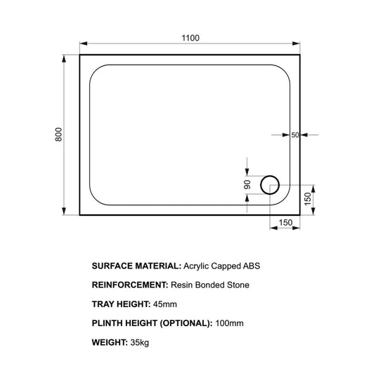 Kudos Kstone 1100 x 800mm Anti-slip Rectangle Shower Tray - White - Envy Bathrooms Ltd