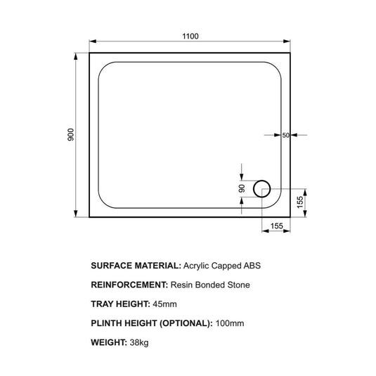 Kudos Kstone 1100 x 900mm Anti-slip Rectangle Shower Tray - White - Envy Bathrooms Ltd