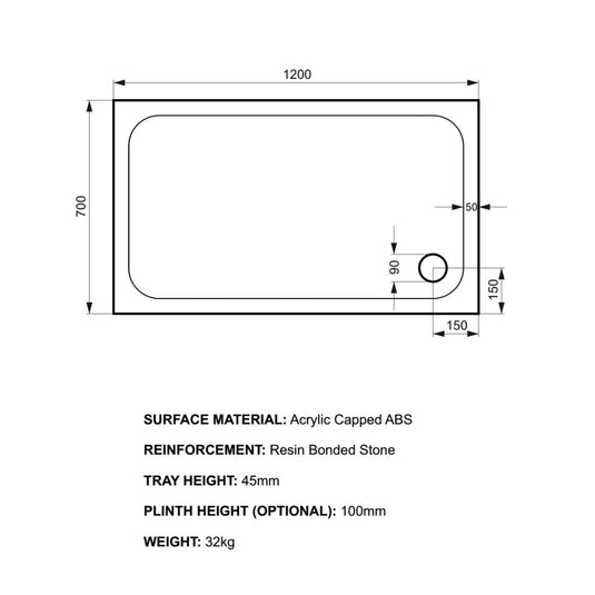 Kudos Kstone 1200 x 700mm Anti-slip Rectangle Shower Tray - White - Envy Bathrooms Ltd