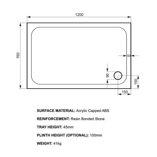 Kudos Kstone 1200 x 760mm Anti-slip Rectangle Shower Tray - White - Envy Bathrooms Ltd