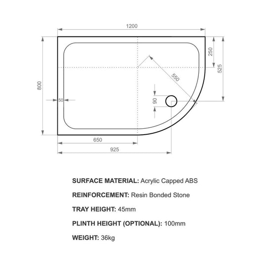 Kudos Kstone 1200 x 800mm Anti-slip Offset Quadrant Shower Tray (LH) - White - Envy Bathrooms Ltd