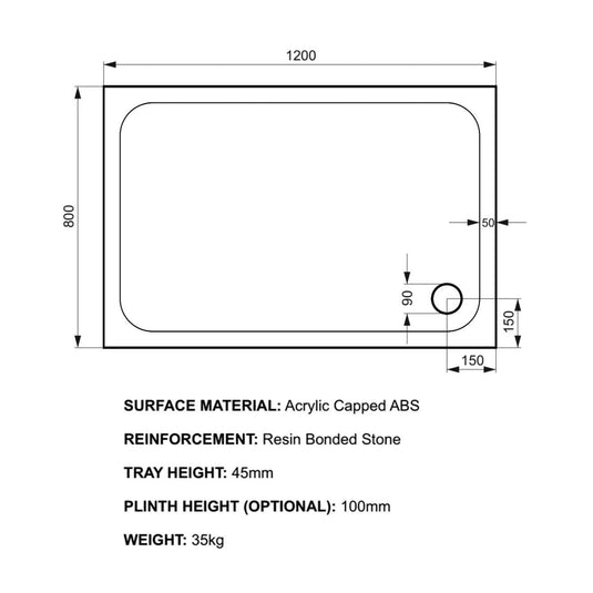 Kudos Kstone 1200 x 800mm Anti-slip Rectangle Shower Tray - White - Envy Bathrooms Ltd