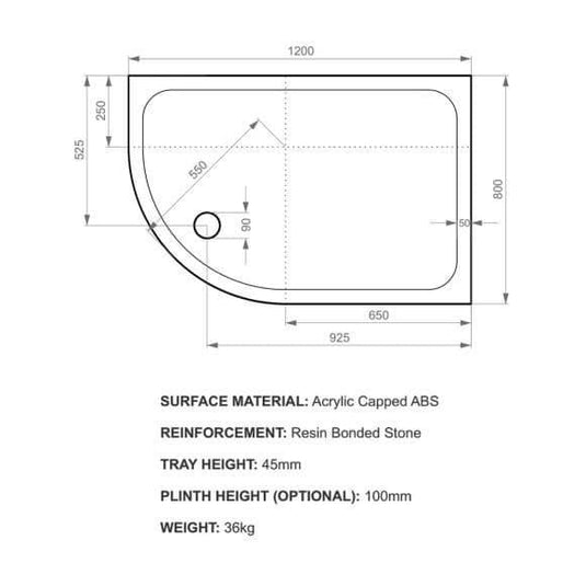 Kudos Kstone 1200 x 800mm Offset Quadrant Shower Tray (RH) - White - Envy Bathrooms Ltd