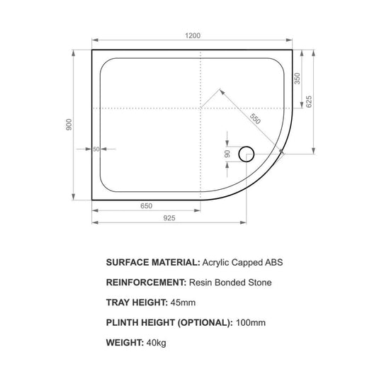 Kudos Kstone 1200 x 900mm Anti-slip Offset Quadrant Shower Tray (LH) - White - Envy Bathrooms Ltd