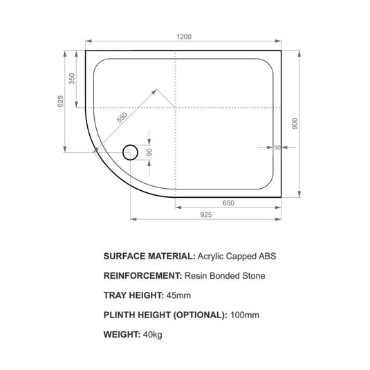 Kudos Kstone 1200 x 900mm Anti-slip Offset Quadrant Shower Tray (RH) - White - Envy Bathrooms Ltd