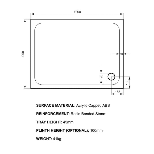 Kudos Kstone 1200 x 900mm Anti-slip Rectangle Shower Tray - White - Envy Bathrooms Ltd