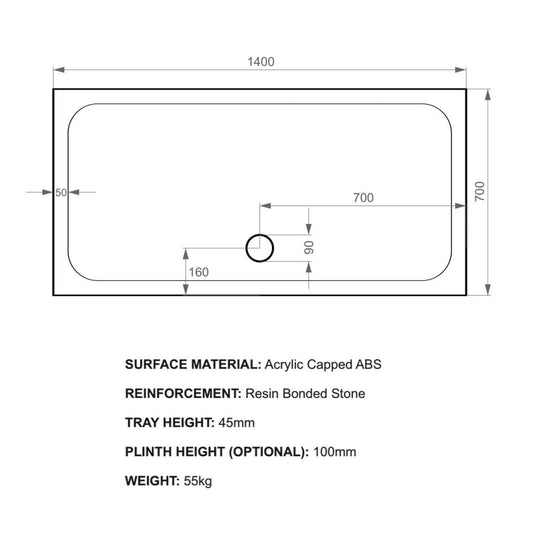 Kudos Kstone 1400 x 700mm Anti-slip Rectangle Shower Tray - White - Envy Bathrooms Ltd