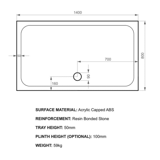 Kudos Kstone 1400 x 800mm Anti-slip Rectangle Shower Tray - White - Envy Bathrooms Ltd