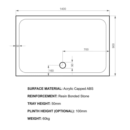 Kudos Kstone 1400 x 900mm Anti-slip Rectangle Shower Tray - White - Envy Bathrooms Ltd