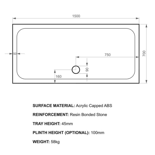 Kudos Kstone 1500 x 700mm Anti-slip Rectangle Shower Tray - White - Envy Bathrooms Ltd