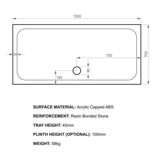 Kudos Kstone 1500 x 700mm Rectangular Shower Tray - Envy Bathrooms Ltd