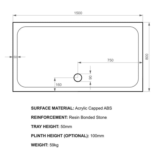 Kudos Kstone 1500 x 800mm Anti-slip Rectangle Shower Tray - White - Envy Bathrooms Ltd