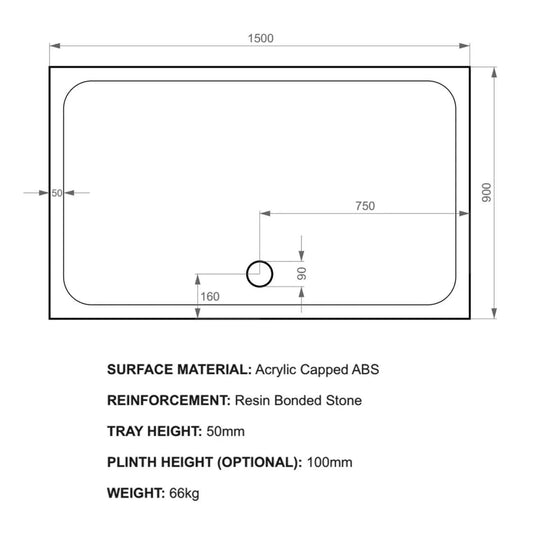 Kudos Kstone 1500 x 900mm Anti-slip Rectangle Shower Tray - White - Envy Bathrooms Ltd