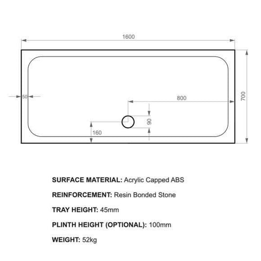 Kudos Kstone 1600 x 700mm Rectangular Shower Tray - Envy Bathrooms Ltd