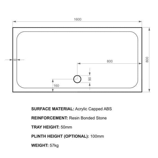 Kudos Kstone 1600 x 800mm Rectangular Shower Tray - Envy Bathrooms Ltd