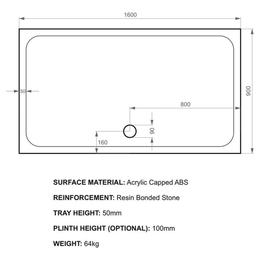 Kudos Kstone 1600 x 900mm Anti-slip Rectangle Shower Tray - White - Envy Bathrooms Ltd