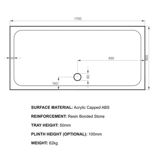 Kudos Kstone 1700 x 800mm Anti-slip Rectangle Shower Tray - White - Envy Bathrooms Ltd