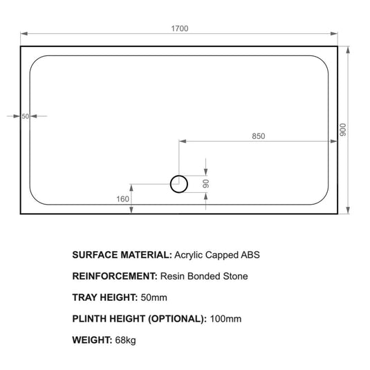 Kudos Kstone 1700 x 900mm Anti-slip Rectangle Shower Tray - White - Envy Bathrooms Ltd