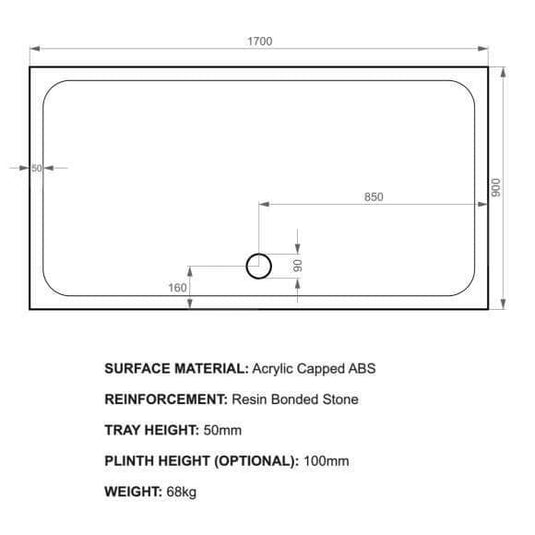 Kudos Kstone 1700 x 900mm Rectangular Shower Tray - White - Envy Bathrooms Ltd
