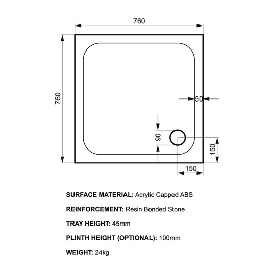 Kudos Kstone 760 x 760mm Anti-slip Square Shower Tray - White - Envy Bathrooms Ltd