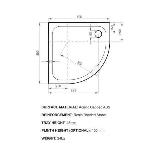 Kudos Kstone 800 x 800m Quadrant Shower Tray - White - Envy Bathrooms Ltd