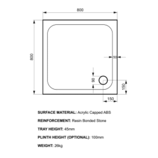 Kudos Kstone 800 x 800mm Anti-slip Square Shower Tray - White - Envy Bathrooms Ltd