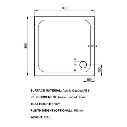 Kudos Kstone 800 x 800mm Square Shower Tray - White - Envy Bathrooms Ltd