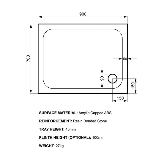 Kudos Kstone 900 x 700mm Anti-slip Rectangle Shower Tray - White - Envy Bathrooms Ltd