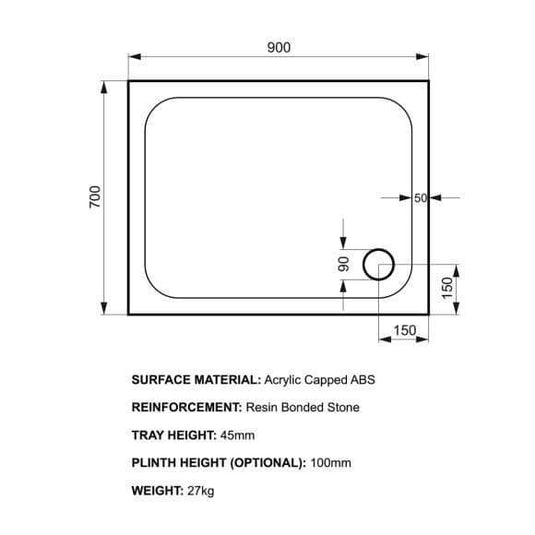 Kudos Kstone 900 x 700mm Rectangular Shower Tray - White - Envy Bathrooms Ltd