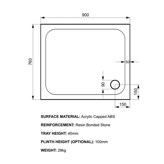 Kudos Kstone 900 x 760mm Anti-slip Rectangle Shower Tray - White - Envy Bathrooms Ltd