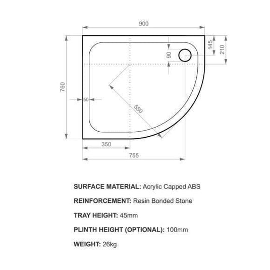Kudos Kstone 900 x 760mm Offset Quadrant Shower Tray (LH) - White - Envy Bathrooms Ltd
