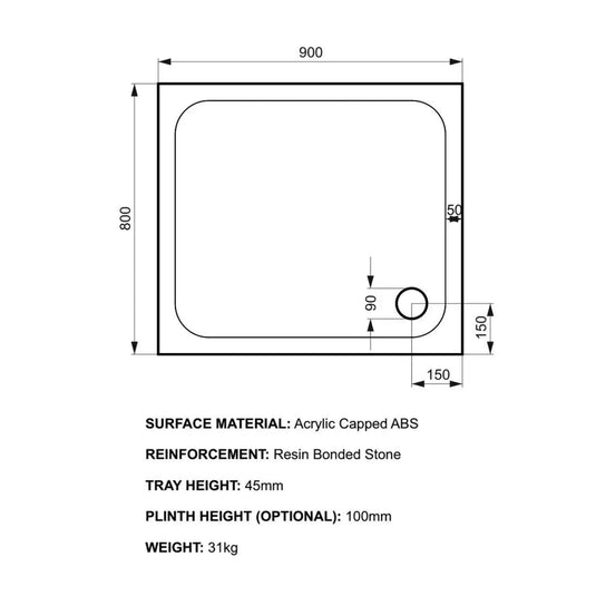 Kudos Kstone 900 x 800 Anti-Slip Rectangle Shower Tray - White - KS9080SR - Envy Bathrooms Ltd