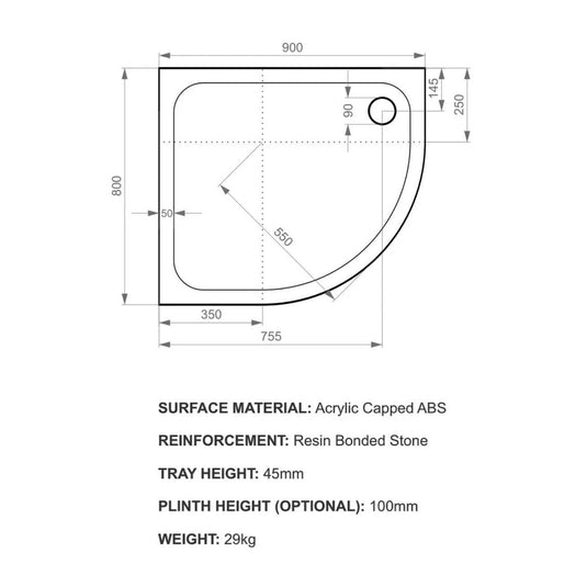 Kudos Kstone 900 x 800mm Anti-slip Offset Quadrant Shower Tray (LH) - White - Envy Bathrooms Ltd
