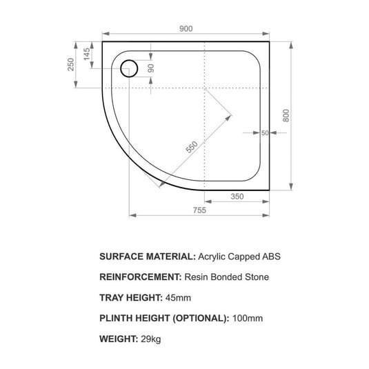 Kudos Kstone 900 x 800mm Anti-slip Offset Quadrant Shower Tray (RH) - White - Envy Bathrooms Ltd