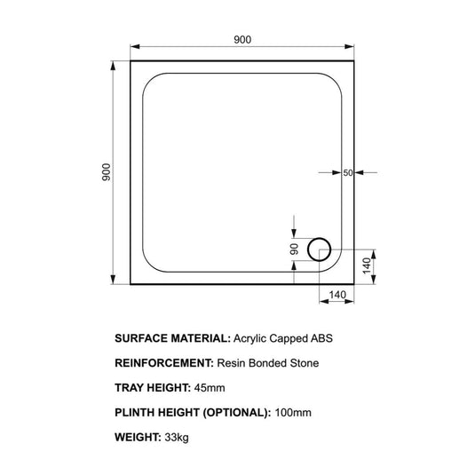 Kudos Kstone 900 x 900mm Anti-slip Square Shower Tray - White - Envy Bathrooms Ltd