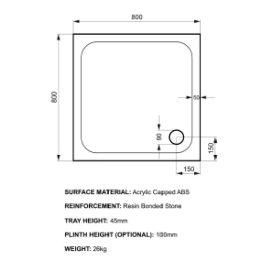 Kudos Kstone Antislip Shower Tray White 800x800mm - Envy Bathrooms Ltd