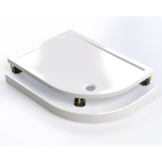 Quadrant shower tray with adjustable plinth legs and matching curved panel
